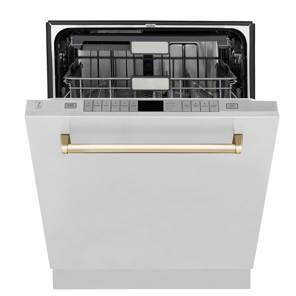 ZLINE Autograph Edition 36 in. Kitchen Package with Stainless Steel Dual Fuel Range, Range Hood, Dishwasher and Refrigerator Including External Water Dispenser with Polished Gold Accents (4AKPR-RARHDWM36-G)