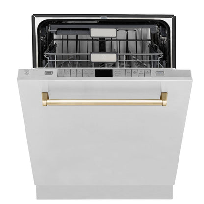 ZLINE Autograph Edition 36 in. Kitchen Package with Stainless Steel Dual Fuel Range, Range Hood, Dishwasher and Refrigerator Including External Water Dispenser with Polished Gold Accents (4AKPR-RARHDWM36-G)