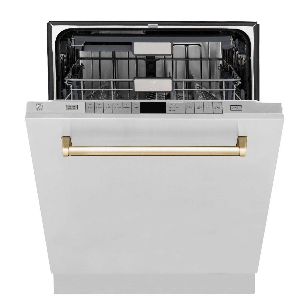ZLINE Autograph Edition Kitchen Package in Stainless Steel with 30 in. Dual Fuel Range, 30 in. Range Hood, and 24 in. Dishwasher with Polished Gold Accents (3AKP-RARHDWM30-G)