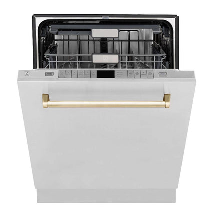ZLINE Autograph Edition Kitchen Package in Stainless Steel with 30 in. Dual Fuel Range, 30 in. Range Hood, and 24 in. Dishwasher with Polished Gold Accents (3AKP-RARHDWM30-G)