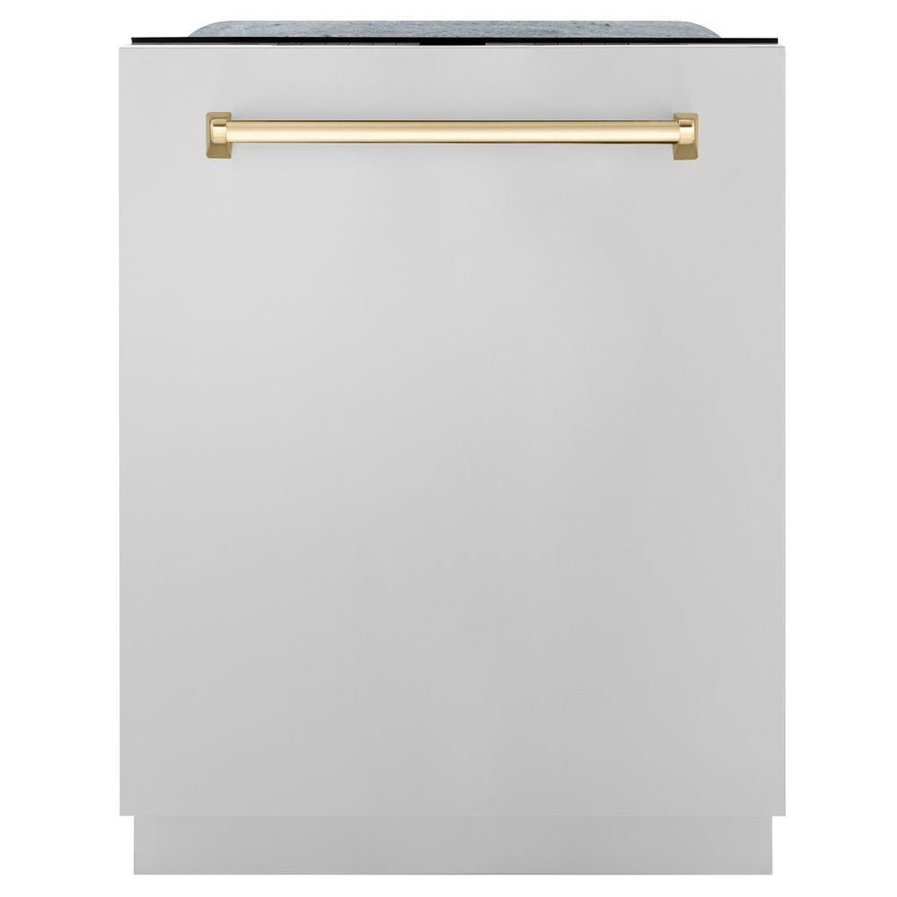 ZLINE Autograph Edition 30 in. Kitchen Package with Stainless Steel Dual Fuel Range, Range Hood, Dishwasher and Refrigerator with Polished Gold Accents (4KAPR-RARHDWM30-G)