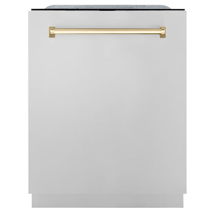 ZLINE Autograph Edition 48 in. Kitchen Package with Stainless Steel Dual Fuel Range, Range Hood, Dishwasher and Refrigerator Including External Water Dispenser with Polished Gold Accents (4AKPR-RARHDWM48-G)