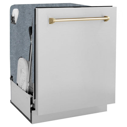 ZLINE Autograph Edition 48 in. Kitchen Package with Stainless Steel Dual Fuel Range, Range Hood, Dishwasher and Refrigerator with Polished Gold Accents (4KAPR-RARHDWM48-G)