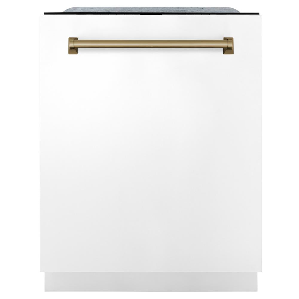 ZLINE Autograph Edition 48 in. Kitchen Package with Stainless Steel Dual Fuel Range with White Matte Door, Range Hood and Dishwasher with Champagne Bronze Accents (3AKP-RAWMRHDWM48-CB)