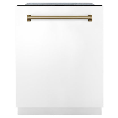 ZLINE Autograph Edition 48 in. Kitchen Package with Stainless Steel Dual Fuel Range with White Matte Door, Range Hood and Dishwasher with Champagne Bronze Accents (3AKP-RAWMRHDWM48-CB)