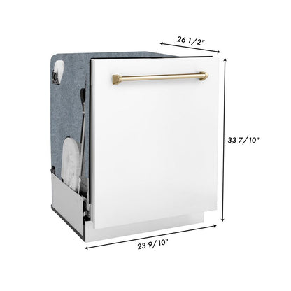 ZLINE Autograph Edition 36 in. Kitchen Package with Stainless Steel Dual Fuel Range with White Matte Door, Range Hood and Dishwasher with Polished Gold Accents (3AKP-RAWMRHDWM36-G)