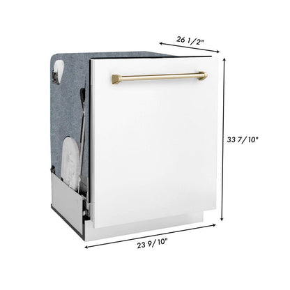ZLINE Autograph Edition 48 in. Kitchen Package with Stainless Steel Dual Fuel Range with White Matte Door, Range Hood and Dishwasher with Polished Gold Accents (3AKP-RAWMRHDWM48-G)