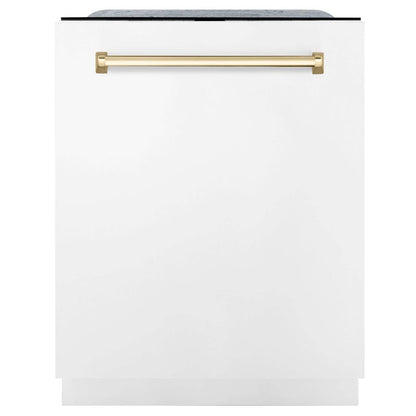 ZLINE Autograph Edition 48 in. Kitchen Package with Stainless Steel Dual Fuel Range with White Matte Door, Range Hood and Dishwasher with Polished Gold Accents (3AKP-RAWMRHDWM48-G)