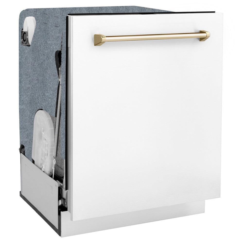 ZLINE Autograph Edition 24 in. Monument Series 3rd Rack Top Touch Control Tall Tub Dishwasher in White Matte with Polished Gold Accent Handle, 45dBa (DWMTZ-WM-24-G)