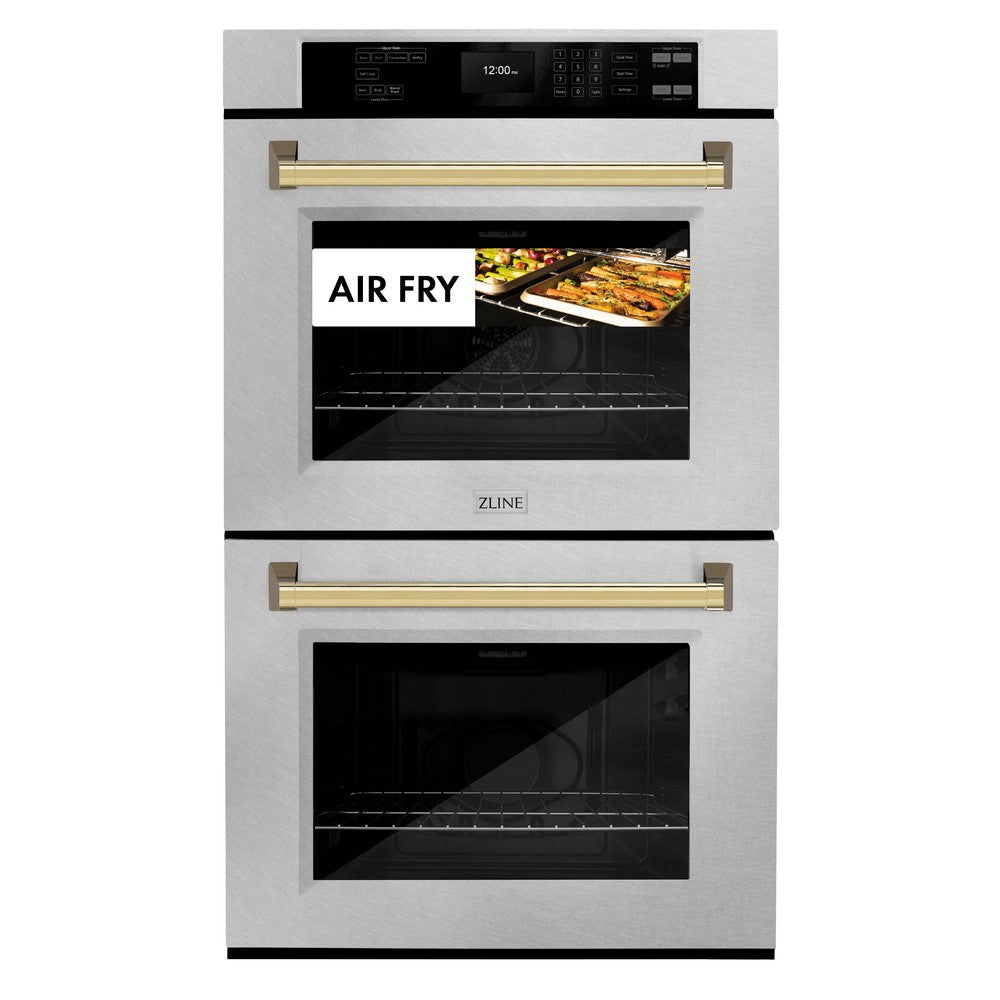 ZLINE Autograph Edition 30 in. Professional True Convection Double Wall Oven with Air Fry and Self Clean in Stainless Steel with Polished Gold Handles (WADZ-30-G)