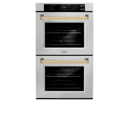 ZLINE Autograph Edition 30 in. Professional True Convection Double Wall Oven with Air Fry and Self Clean in Stainless Steel with Polished Gold Handles (WADZ-30-G)