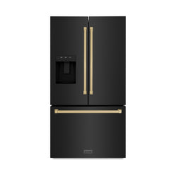 ZLINE Autograph Edition 36 in. 28.9 cu. ft. Standard-Depth French Door External Water Dispenser Refrigerator with Dual Ice Maker in Fingerprint-Resistant Black Stainless Steel and Champagne Bronze Traditional Handles (RSMZ-W-36-BS-CB)