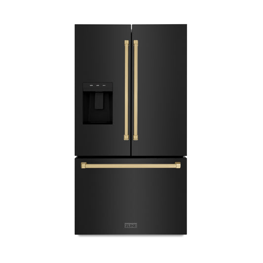 ZLINE Autograph Edition 36 in. 28.9 cu. ft. Standard-Depth French Door External Water Dispenser Refrigerator with Dual Ice Maker in Fingerprint-Resistant Black Stainless Steel and Champagne Bronze Traditional Handles (RSMZ-W-36-BS-CB)