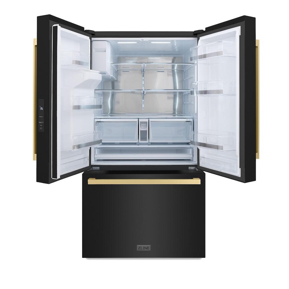 ZLINE Autograph Edition 36 in. 28.9 cu. ft. Standard-Depth French Door External Water Dispenser Refrigerator with Dual Ice Maker in Fingerprint-Resistant Black Stainless Steel and Champagne Bronze Modern Handles (RSMZ-W36-BS-FCB)