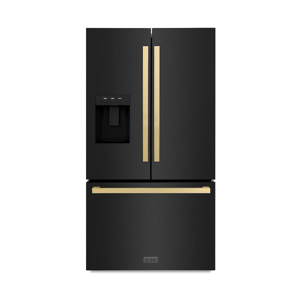ZLINE Autograph Edition 36 in. 28.9 cu. ft. Standard-Depth French Door External Water Dispenser Refrigerator with Dual Ice Maker in Fingerprint-Resistant Black Stainless Steel and Champagne Bronze Modern Handles (RSMZ-W36-BS-FCB)