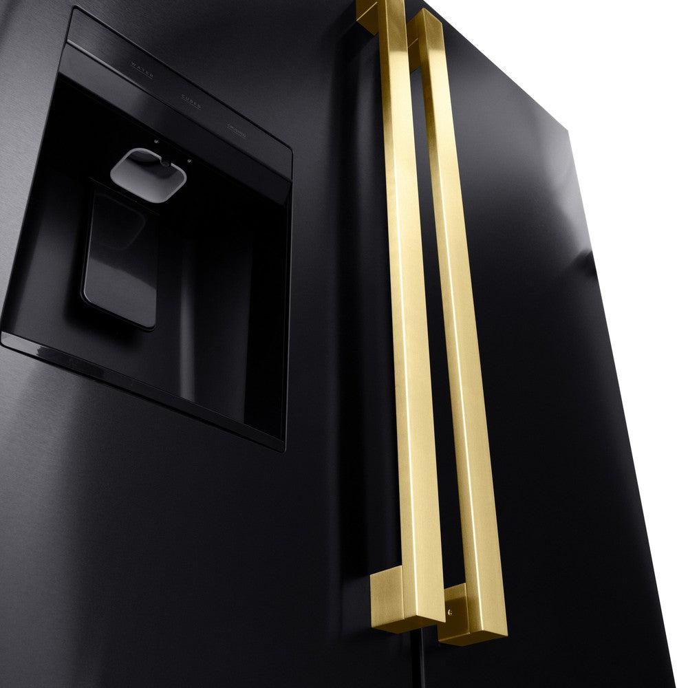 ZLINE Autograph Edition 36 in. 28.9 cu. ft. Standard-Depth French Door External Water Dispenser Refrigerator with Dual Ice Maker in Fingerprint-Resistant Black Stainless Steel and Polished Gold Modern Handles (RSMZ-W-36-BS-FG)