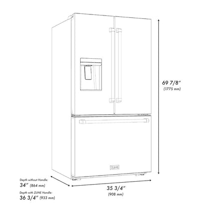 ZLINE Autograph Edition 36 in. 28.9 cu. ft. Standard-Depth French Door External Water Dispenser Refrigerator with Dual Ice Maker in Fingerprint-Resistant Black Stainless Steel and Polished Gold Traditional Handles (RSMZ-W-36-BS-G)