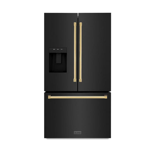 ZLINE Autograph Edition 36 in. 28.9 cu. ft. Standard-Depth French Door External Water Dispenser Refrigerator with Dual Ice Maker in Fingerprint-Resistant Black Stainless Steel and Polished Gold Traditional Handles (RSMZ-W-36-BS-G)