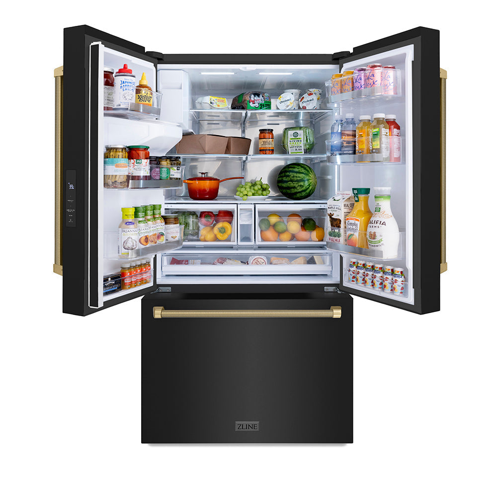 ZLINE Autograph Edition 36 in. 28.9 cu. ft. Standard-Depth French Door External Water Dispenser Refrigerator with Dual Ice Maker in Fingerprint-Resistant Black Stainless Steel and Champagne Bronze Helix Handles (RSMZ-W36-BS-KCB)