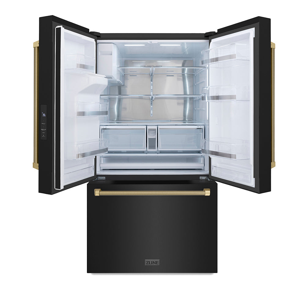 ZLINE Autograph Edition 36 in. 28.9 cu. ft. Standard-Depth French Door External Water Dispenser Refrigerator with Dual Ice Maker in Fingerprint-Resistant Black Stainless Steel and Champagne Bronze Helix Handles (RSMZ-W36-BS-KCB)