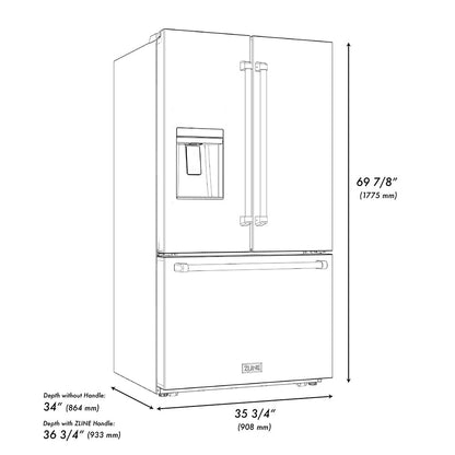 ZLINE Autograph Edition 36 in. 28.9 cu. ft. Standard-Depth French Door External Water Dispenser Refrigerator with Dual Ice Maker in Fingerprint-Resistant Black Stainless Steel and Polished Gold Helix Handles (RSMZ-W-36-BS-KG)