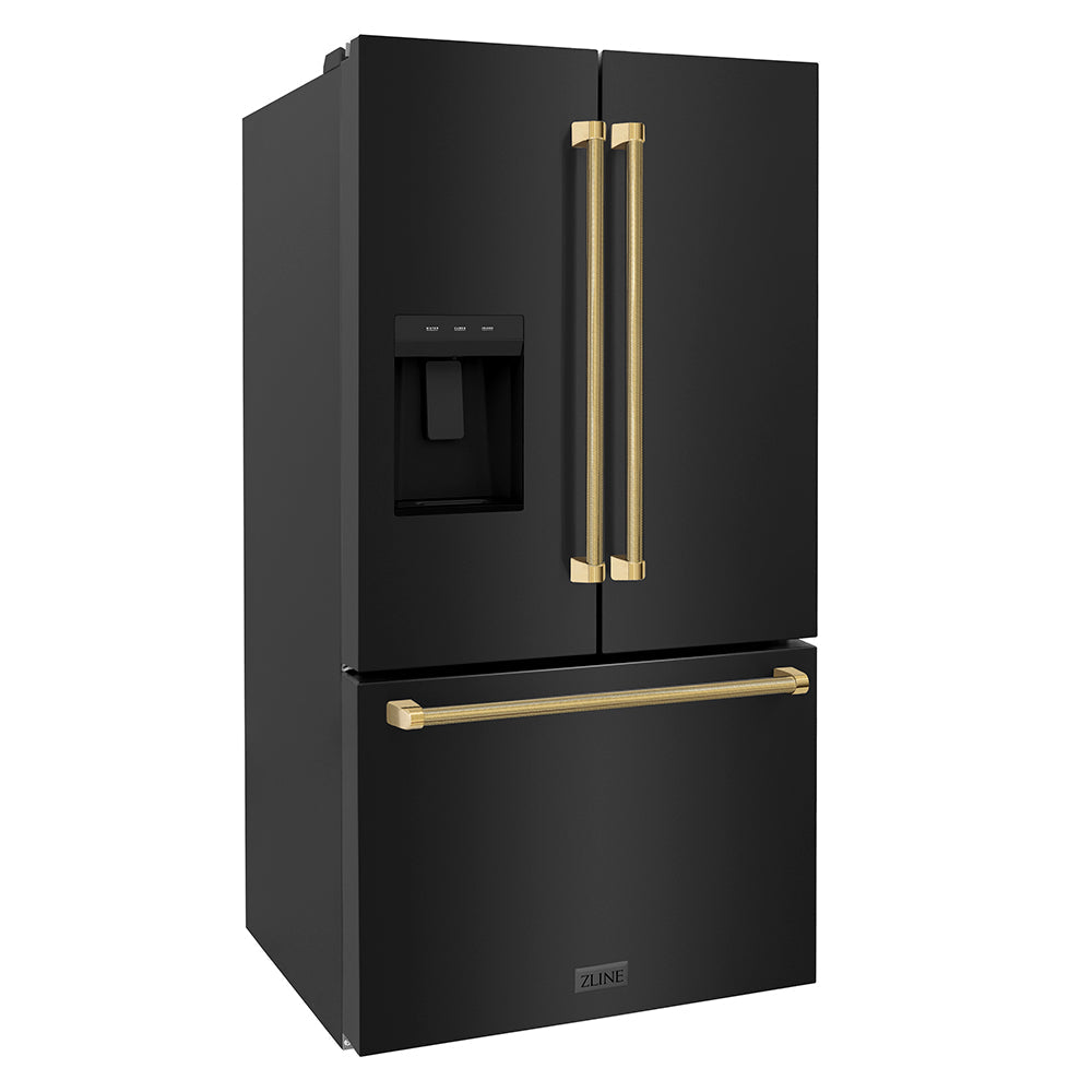 ZLINE Autograph Edition 36 in. 28.9 cu. ft. Standard-Depth French Door External Water Dispenser Refrigerator with Dual Ice Maker in Fingerprint-Resistant Black Stainless Steel and Polished Gold Helix Handles (RSMZ-W-36-BS-KG)