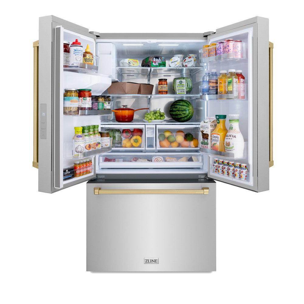 ZLINE Autograph Edition 36 in. 28.9 cu. ft. Standard-Depth French Door External Water Dispenser Refrigerator with Dual Ice Maker in Fingerprint-Resistant Stainless Steel and Champagne Bronze Traditional Handles (RSMZ-W-36-CB)