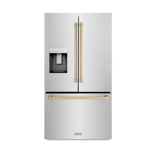 ZLINE Autograph Edition 36 in. 28.9 cu. ft. Standard-Depth French Door External Water Dispenser Refrigerator with Dual Ice Maker in Fingerprint-Resistant Stainless Steel and Champagne Bronze Traditional Handles (RSMZ-W-36-CB)