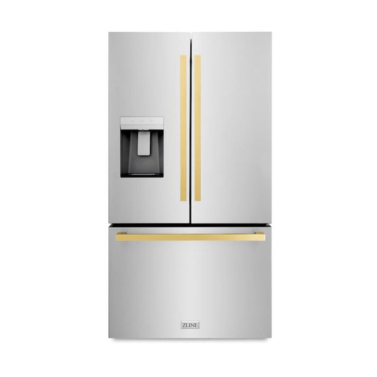 ZLINE Autograph Edition 36 in. 28.9 cu. ft. Standard-Depth French Door External Water Dispenser Refrigerator with Dual Ice Maker in Fingerprint-Resistant Stainless Steel and Polished Gold Modern Handles (RSMZ-W-36-FG)