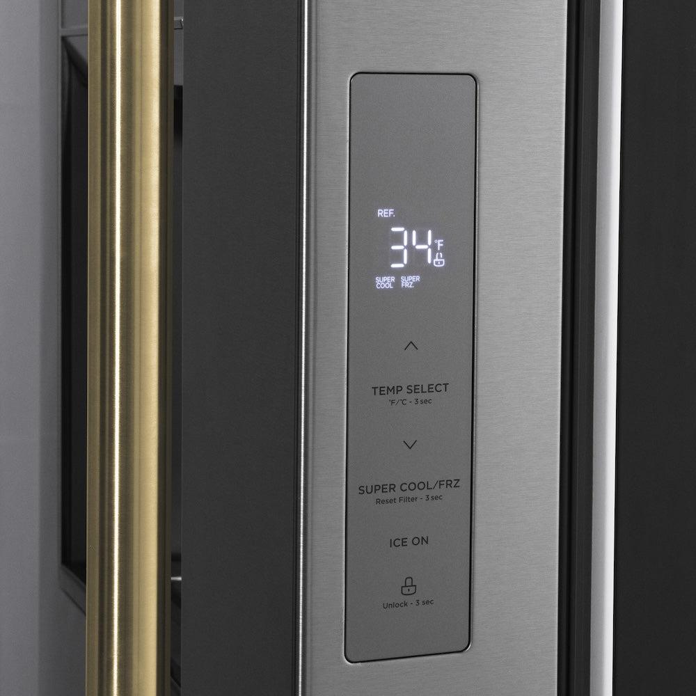 ZLINE Autograph Edition 36 in. 28.9 cu. ft. Standard-Depth French Door External Water Dispenser Refrigerator with Dual Ice Maker in Fingerprint-Resistant Stainless Steel and Polished Gold Traditional Handles (RSMZ-W-36-G)