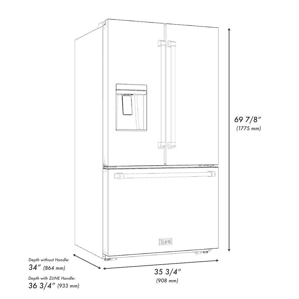 ZLINE Autograph Edition 36 in. 28.9 cu. ft. Standard-Depth French Door External Water Dispenser Refrigerator with Dual Ice Maker in Fingerprint-Resistant Stainless Steel and Polished Gold Traditional Handles (RSMZ-W-36-G)