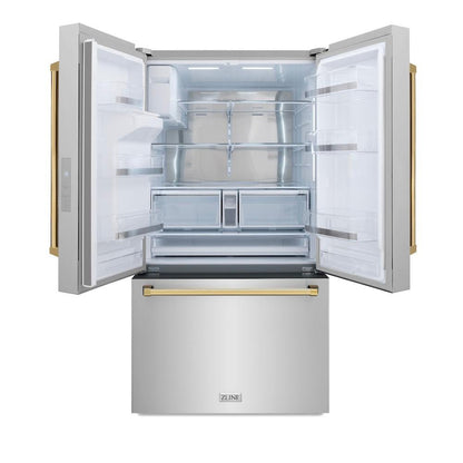 ZLINE Autograph Edition 36 in. 28.9 cu. ft. Standard-Depth French Door External Water Dispenser Refrigerator with Dual Ice Maker in Fingerprint-Resistant Stainless Steel and Polished Gold Traditional Handles (RSMZ-W-36-G)