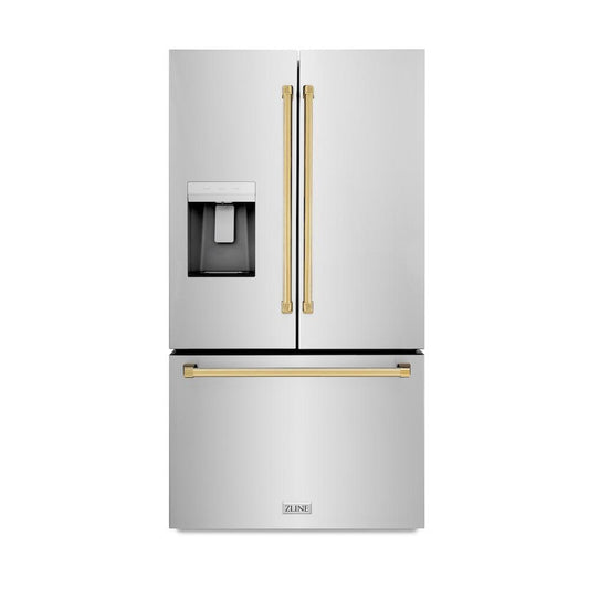 ZLINE Autograph Edition 36 in. 28.9 cu. ft. Standard-Depth French Door External Water Dispenser Refrigerator with Dual Ice Maker in Fingerprint-Resistant Stainless Steel and Polished Gold Traditional Handles (RSMZ-W-36-G)
