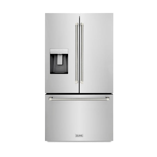 ZLINE Autograph Edition 36 in. 28.9 cu. ft. Standard-Depth French Door External Water Dispenser Refrigerator with Dual Ice Maker in Fingerprint-Resistant Stainless Steel and Polished Nickel Helix Handles (RSMZ-W-36-KPN)
