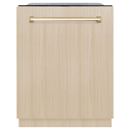 ZLINE Autograph Edition 24 in. Monument Series 3rd Rack Top Touch Control Tall Tub Dishwasher in Custom Panel Ready with Polished Gold Handle, 45dBa (DWMTZ-24-G)