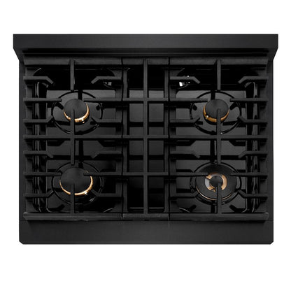 ZLINE Autograph Edition 30 in. 4.2 cu. ft. Paramount Dual Fuel Range with 4 Burner Gas Cooktop and Electric Convection Oven in Black Stainless Steel with Champagne Bronze Accents (SDRBZ-30-CB)