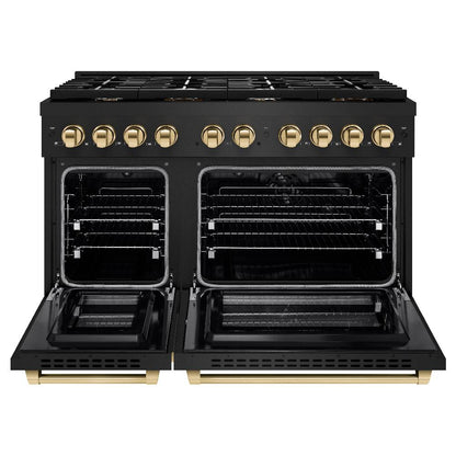 ZLINE Autograph Edition 48 in. 6.7 cu. ft. Paramount Double Oven Dual Fuel Range with 8 Burner Gas Cooktop in Black Stainless Steel and Polished Gold Accents (SDRBZ-48-G)