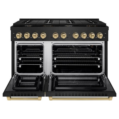 ZLINE Autograph Edition 48 in. 6.7 cu. ft. Paramount Double Oven Gas Range with 8 Burner Cooktop in Black Stainless Steel and Champagne Bronze Accents (SGRBZ-48-CB)