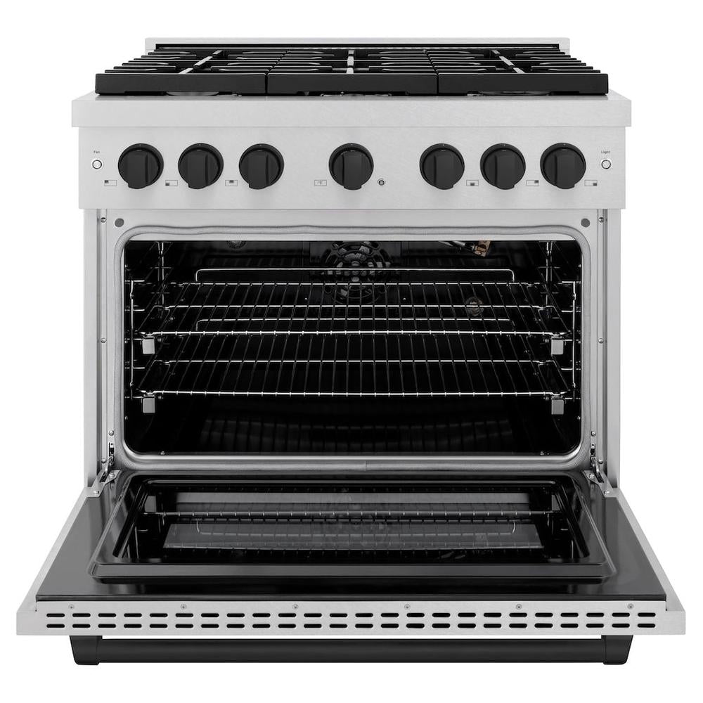 ZLINE Autograph Edition 36 in. 5.2 cu. ft. 6 Burner Paramount Gas Range with Convection Gas Oven in Satin Stainless Steel and Matte Black Accents (SGRSZ-36-MB)