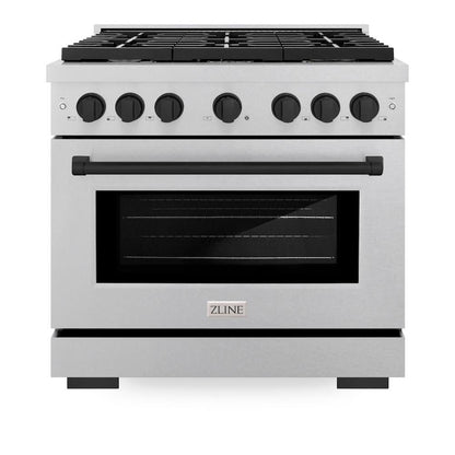 ZLINE Autograph Edition 36 in. 5.2 cu. ft. 6 Burner Paramount Gas Range with Convection Gas Oven in Satin Stainless Steel and Matte Black Accents (SGRSZ-36-MB)
