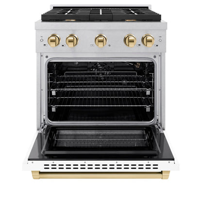 ZLINE Autograph Edition 30 in. 4.2 cu. ft. 4 Burner Paramount Gas Range with Convection Gas Oven in Satin Stainless Steel with White Matte Door and Polished Gold Accents (SGRSZ-WM-30-G)