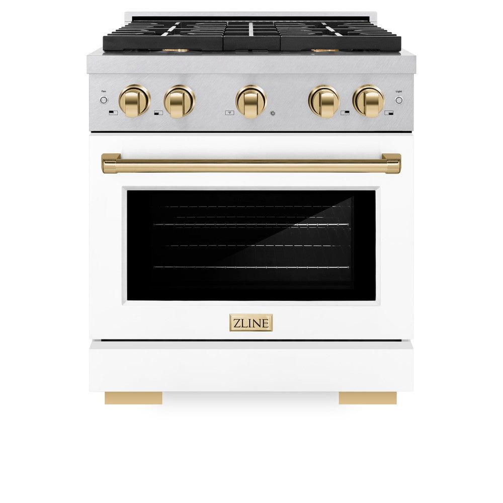 ZLINE Autograph Edition 30 in. 4.2 cu. ft. 4 Burner Paramount Gas Range with Convection Gas Oven in Satin Stainless Steel with White Matte Door and Polished Gold Accents (SGRSZ-WM-30-G)