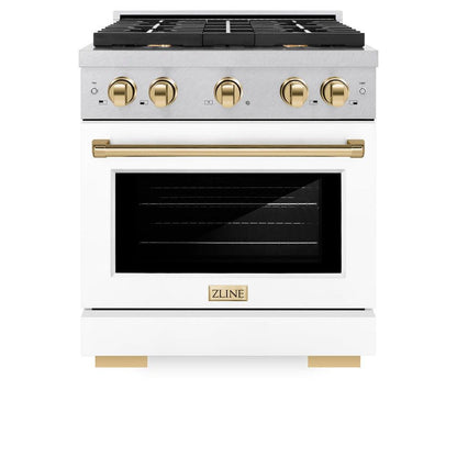 ZLINE Autograph Edition 30 in. 4.2 cu. ft. 4 Burner Paramount Gas Range with Convection Gas Oven in Satin Stainless Steel with White Matte Door and Polished Gold Accents (SGRSZ-WM-30-G)