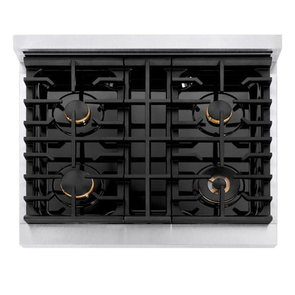 ZLINE Autograph Edition 30 in. 4.2 cu. ft. 4 Burner Paramount Gas Range with Convection Gas Oven in Satin Stainless Steel with White Matte Door and Polished Gold Accents (SGRSZ-WM-30-G)