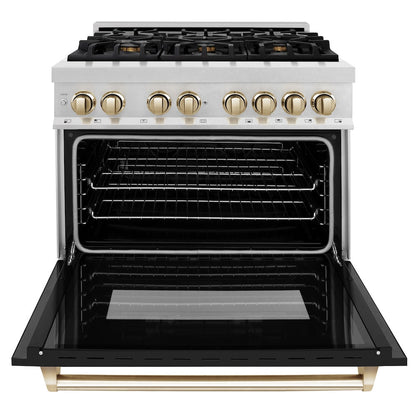 ZLINE Autograph Edition 36 in. 4.6 cu. ft. Legacy Dual Fuel Range with 6 Burner Gas Cooktop and Electric Convection Oven in Satin Stainless Steel with Black Matte Door and Polished Gold Accents (RASZ-BLM-36-G)
