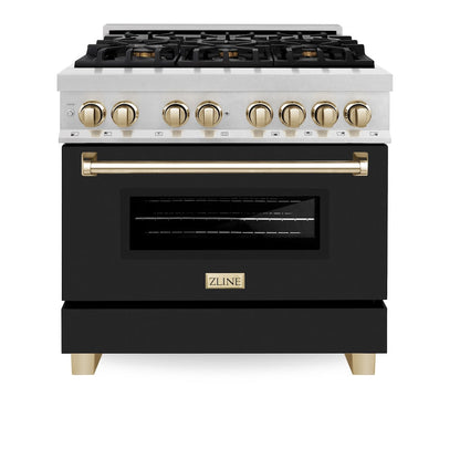ZLINE Autograph Edition 36 in. 4.6 cu. ft. Legacy Dual Fuel Range with 6 Burner Gas Cooktop and Electric Convection Oven in Satin Stainless Steel with Black Matte Door and Polished Gold Accents (RASZ-BLM-36-G)