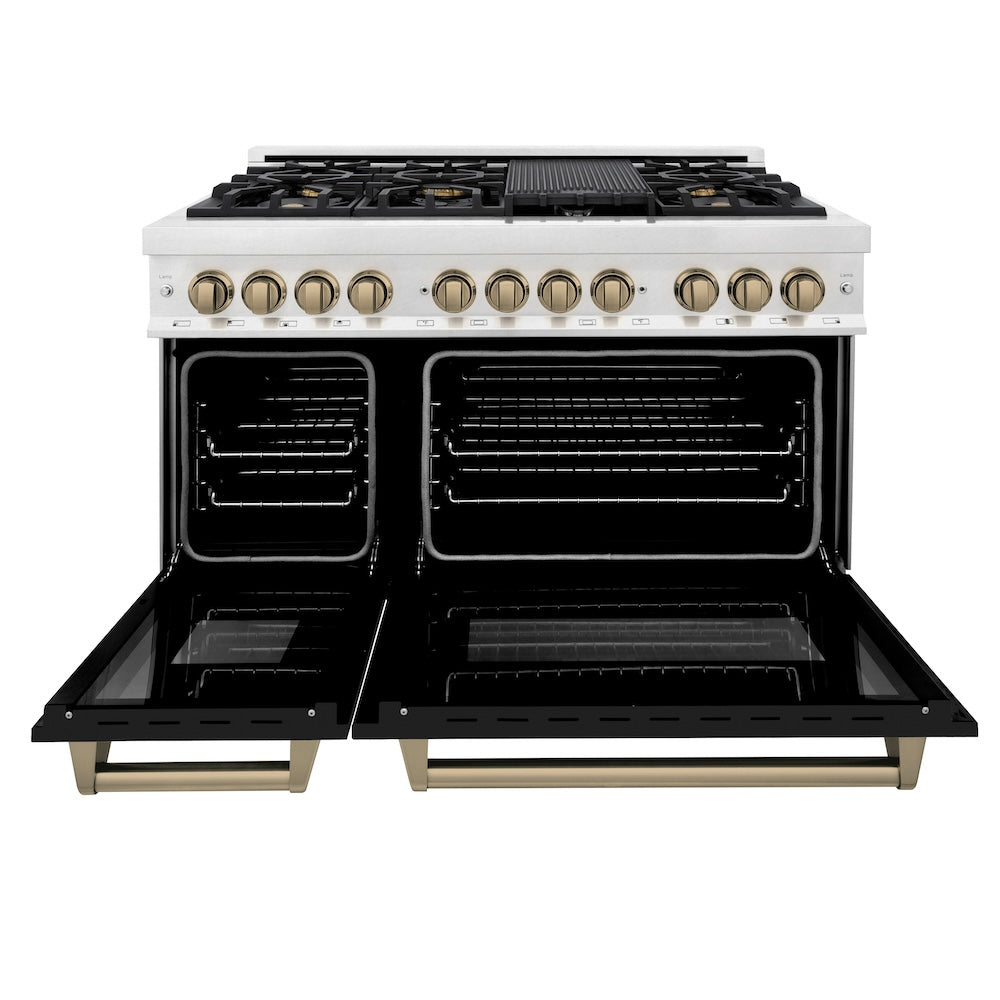 ZLINE Autograph Edition 48 in. 6.0 cu. ft. Legacy Dual Fuel Range with 7 Burner Gas Cooktop and 2 Electric Ovens in Satin Stainless Steel with Black Matte Doors and Champagne Bronze Accents (RASZ-BLM-48-CB)
