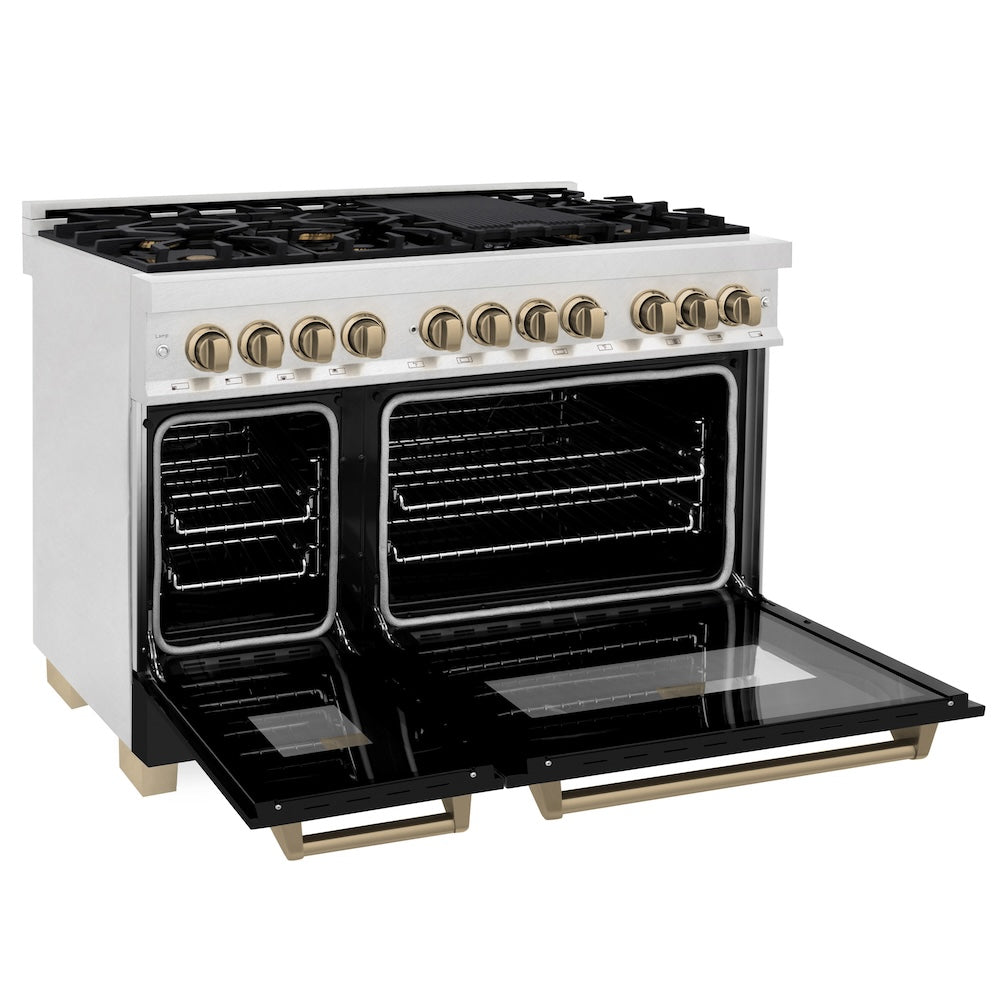 ZLINE Autograph Edition 48 in. 6.0 cu. ft. Legacy Dual Fuel Range with 7 Burner Gas Cooktop and 2 Electric Ovens in Satin Stainless Steel with Black Matte Doors and Champagne Bronze Accents (RASZ-BLM-48-CB)
