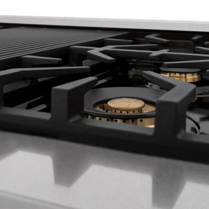 ZLINE Autograph Edition 48 in. 6.0 cu. ft. Legacy Dual Fuel Range with 7 Burner Gas Cooktop and 2 Electric Ovens in Satin Stainless Steel with Black Matte Doors and Polished Gold Accents (RASZ-BLM-48-G)