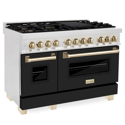 ZLINE Autograph Edition 48 in. 6.0 cu. ft. Legacy Dual Fuel Range with 7 Burner Gas Cooktop and 2 Electric Ovens in Satin Stainless Steel with Black Matte Doors and Polished Gold Accents (RASZ-BLM-48-G)